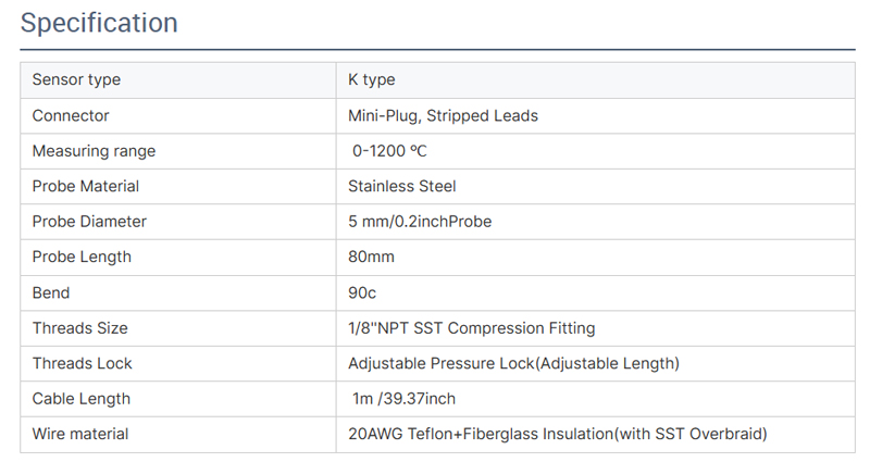 Specification of JW-TM-EGT EGT Sensor