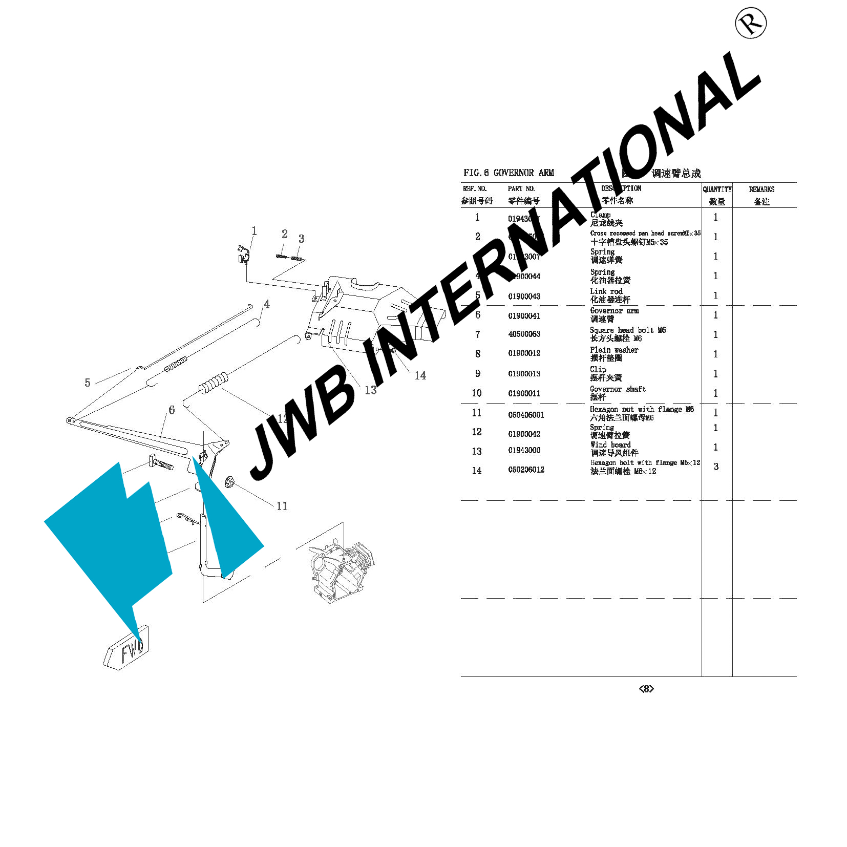 Specification Detail of JW-GE-GA168/188 Governor Arm Assembly